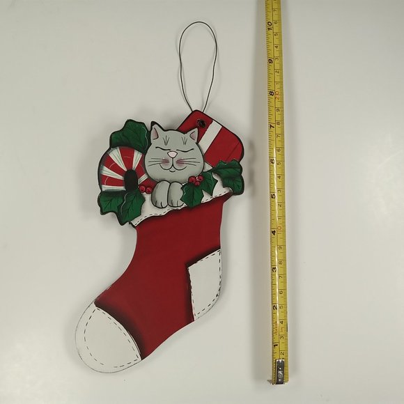 Kitty Cat in Stocking Holly Wooden Country Rustic 7.5" Christmas Tree Ornament - Picture 4 of 4